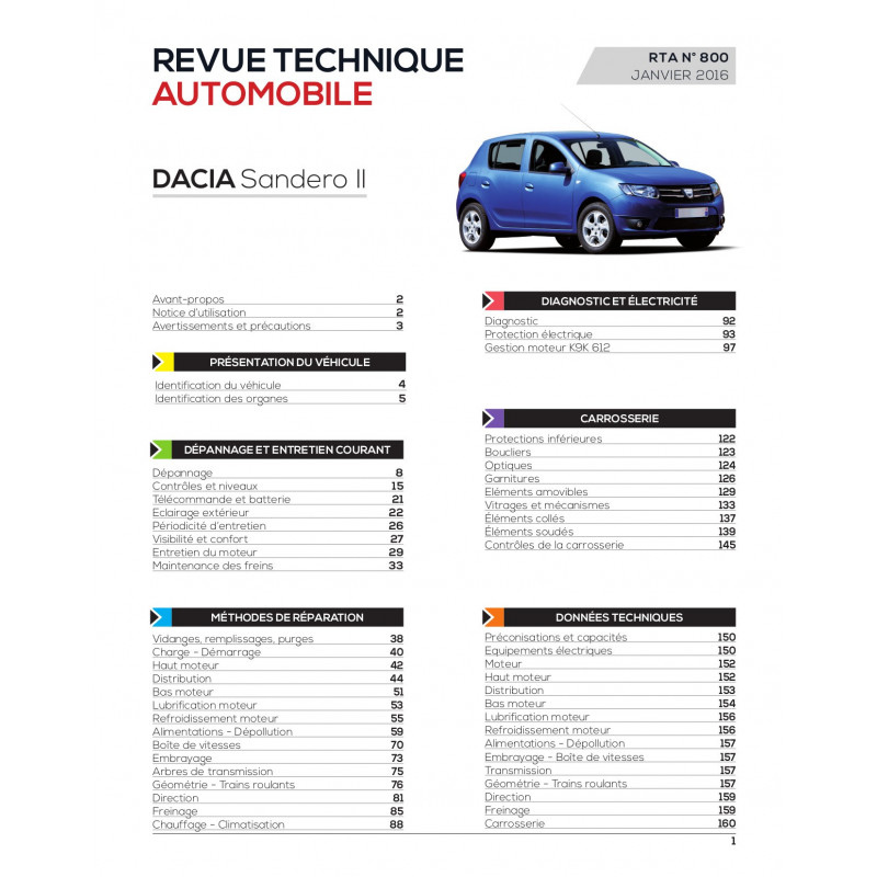 revue technique RTA 800 neuve Dacia SANDERO 2 1.5 dCi depuis 09/2012 