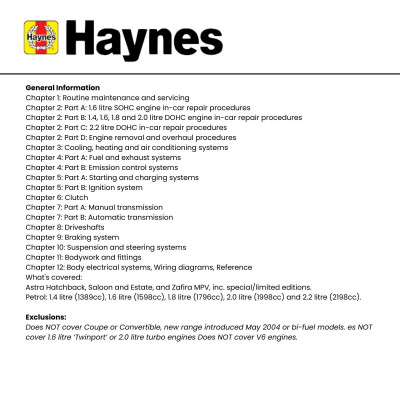 Vauxhall/Opel Astra & Zafira Petrol (Feb 98 - Apr 04) Haynes Repair Manual