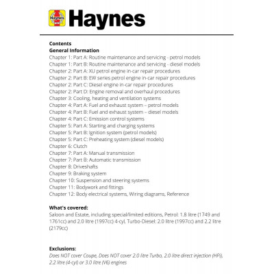 Peugeot 406 Petrol & Diesel (Mar 99 - 02) Haynes Repair Manual