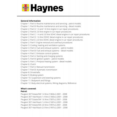 Peugeot 307 Petrol & Diesel (01 - 08) Haynes Repair Manual