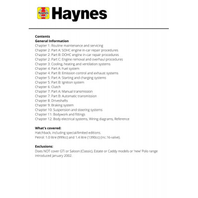 VW Polo Hatchback Petrol (00 - Jan 02) Haynes Repair Manual