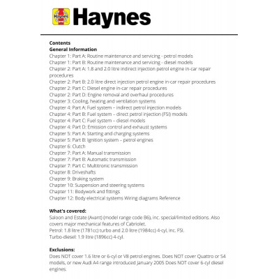 Audi A4 Petrol & Diesel (01 - 04) Haynes Repair Manual