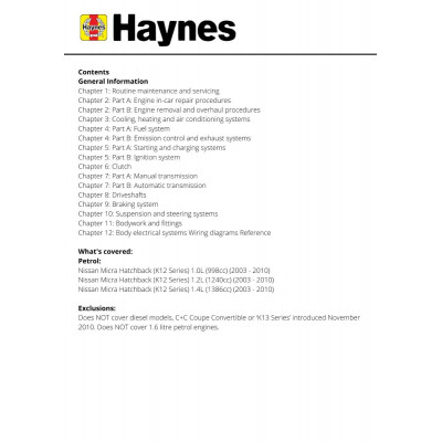 Nissan Micra (03 - Oct 10) Haynes Repair Manual