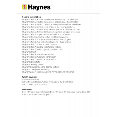 Vauxhall/Opel Zafira Petrol & Diesel (05 - 09) Haynes Repair Manual