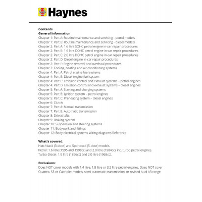 Audi A3 Petrol & Diesel (Jun 03 - Mar 08) Haynes Repair Manual