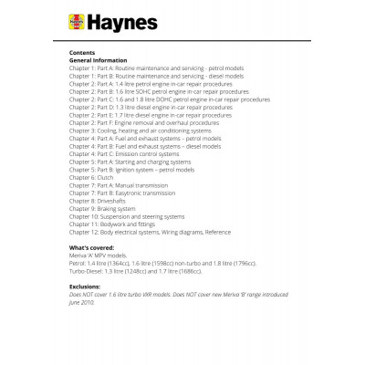 Vauxhall/Opel Meriva Petrol & Diesel (03 - May 10) Haynes Repair Manual