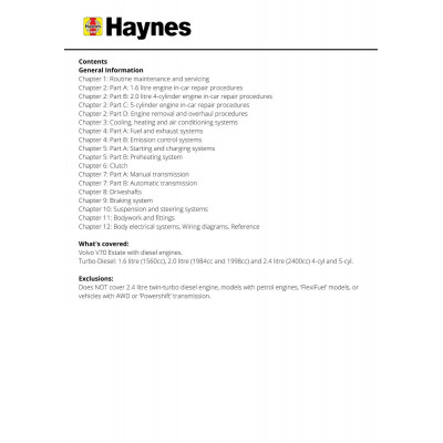 Volvo V70 Diesel (June 07 - 12) Haynes Repair Manual