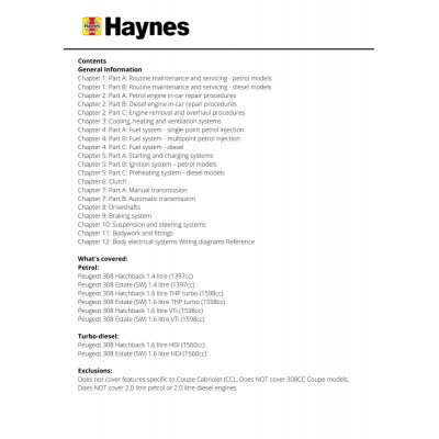 Peugeot 308 Petrol & Diesel (07 - 12) Haynes Repair Manual