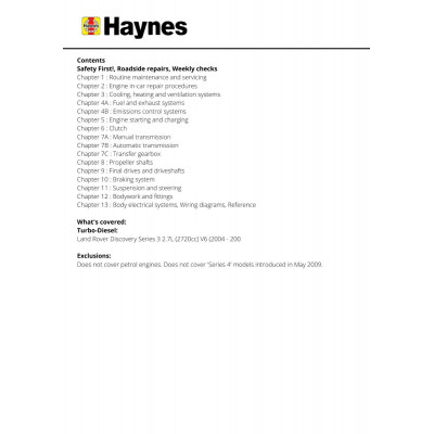 Land Rover Discovery Diesel (Aug 04 - Apr 09) Haynes Repair Manual