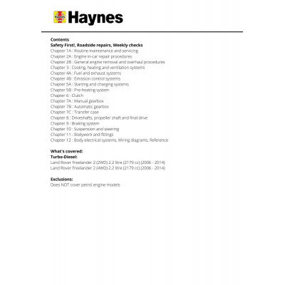Land Rover Freelander Diesel  (Nov 06 - 14) Haynes Repair Manual