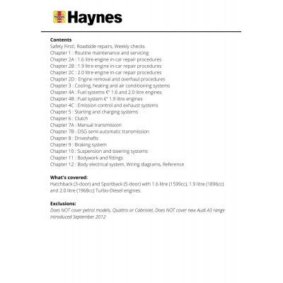 Audi A3 Diesel (Apr 08 - Sept 12) Haynes Repair Manual