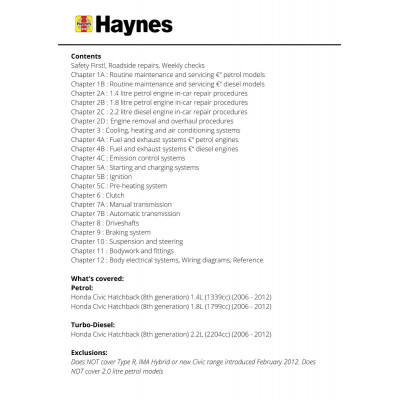 Honda Civic Petrol & Diesel (Jan 06 - 12) Haynes Repair Manual
