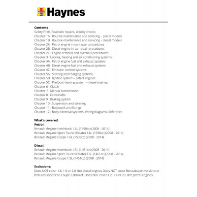 Renault Megane Petrol & Diese (08 - 14) Haynes Repair Manual