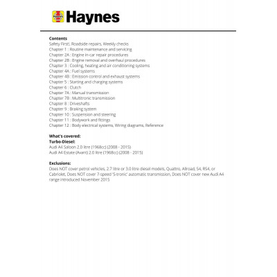 Audi A4 Diesel (Mar 08 - Oct 15) Haynes Repair Manual 08 to 65