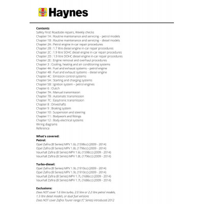 Vauxhall/Opel Zafira (Mar 09-14) 09 to 64 Haynes Repair Manual