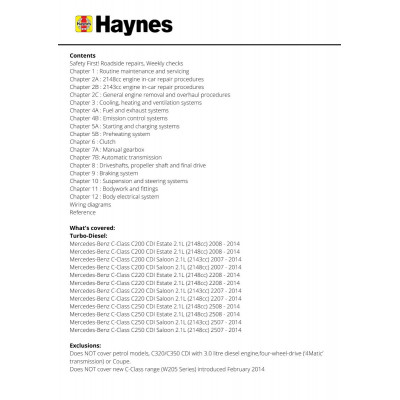 Mercedes-Benz C-Class Diesel (Jun 07 - Feb 14) 07 to 63 Haynes Repair Manual
