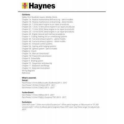 Ford Fiesta Petrol & Diesel (13 - 17) 62 to 17 Haynes Repair Manual