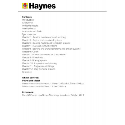 Nissan Note Petrol & Diesel (06 - Sept 13) 06 to 63 Haynes Repair Manual