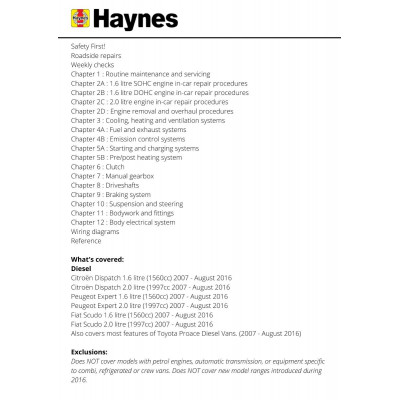 Citroen Dispatch (Jumpy), Peugeot Expert & Fiat Scudo Diesel 56 to 16 (07 - Aug 16) Haynes Repair Manual