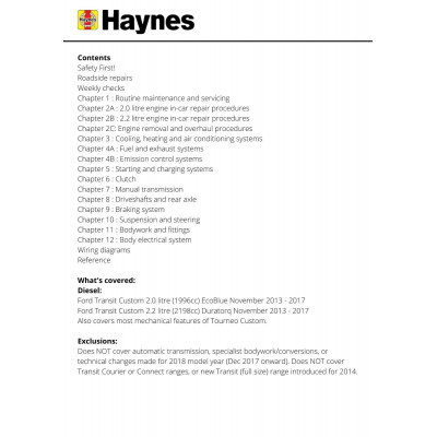 Ford Transit Custom Diesel (13 - Nov 17) 62 to 67 Haynes Repair Manual