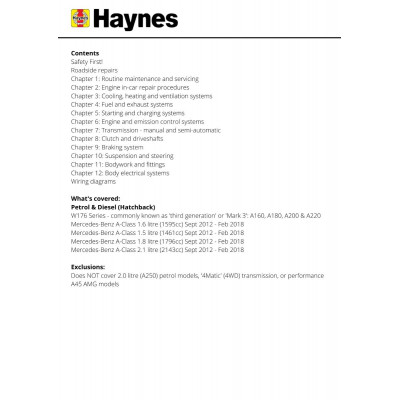 Mercedes-Benz A-Class Sept 12 - May 18 (62 to 18 reg) Petrol & Diesel Haynes Repair Manual