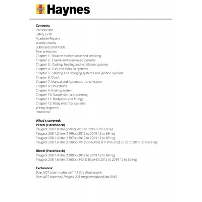 Peugeot 208 Petrol & Diesel (2012 to 2019) 12 to 69 reg Haynes Repair Manual